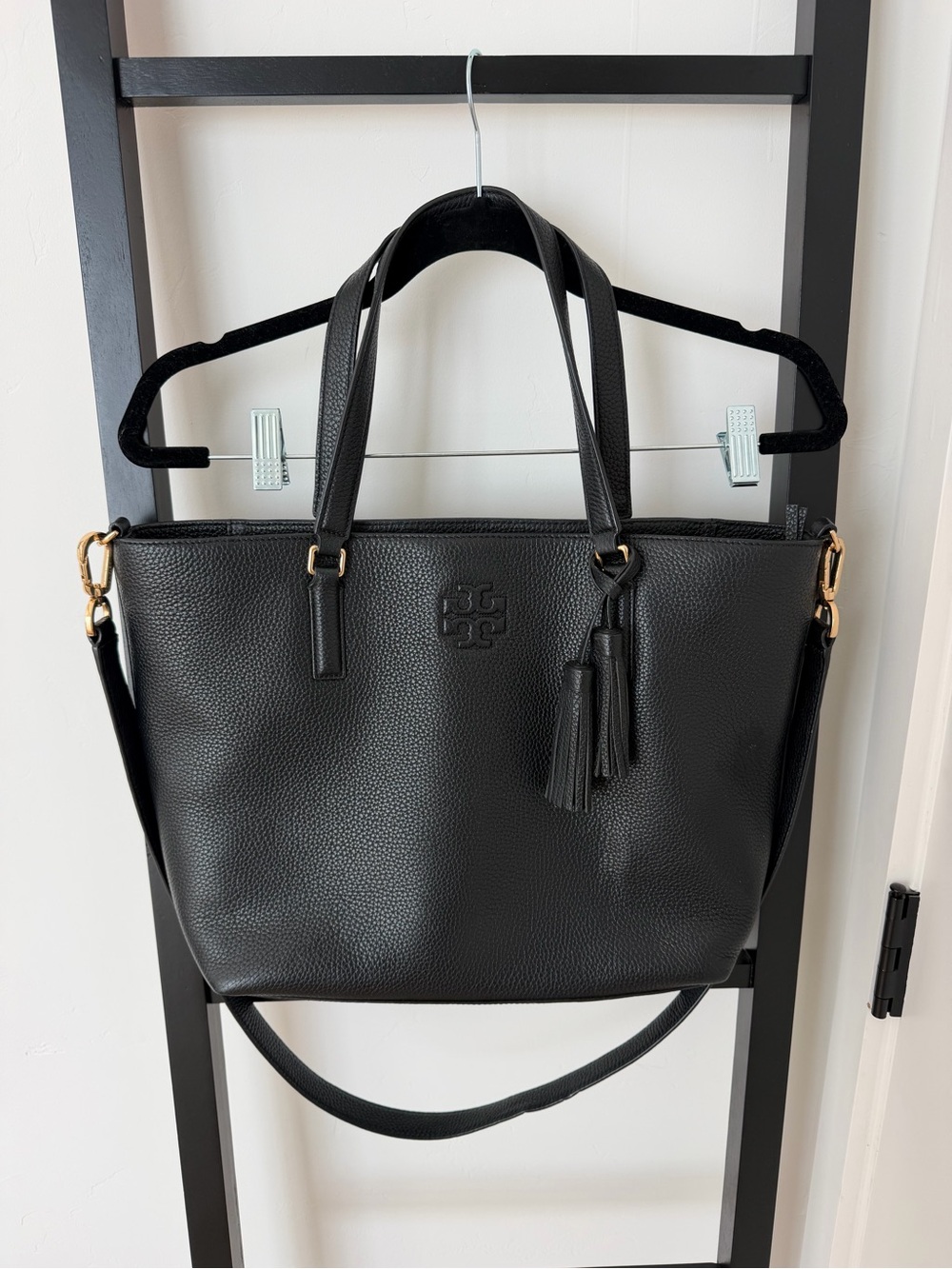 Tory Burch Black Pebbled Leather Tote with Tassel Charm